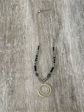 Black & Silver Beaded Statement Necklace Gold Tone Double Circle Pendant